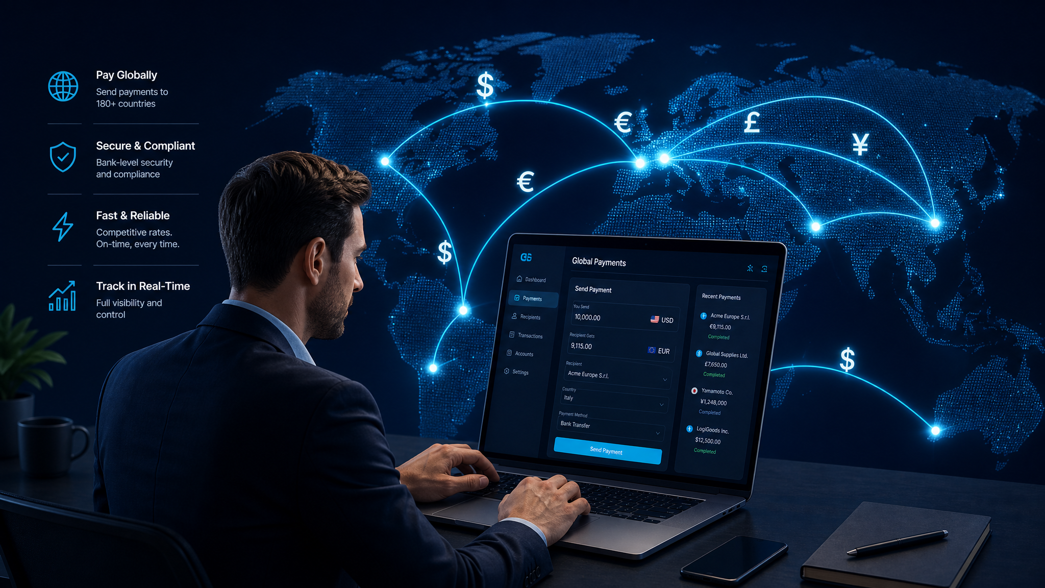 Business owner paying international contractors online with global currency transfers
