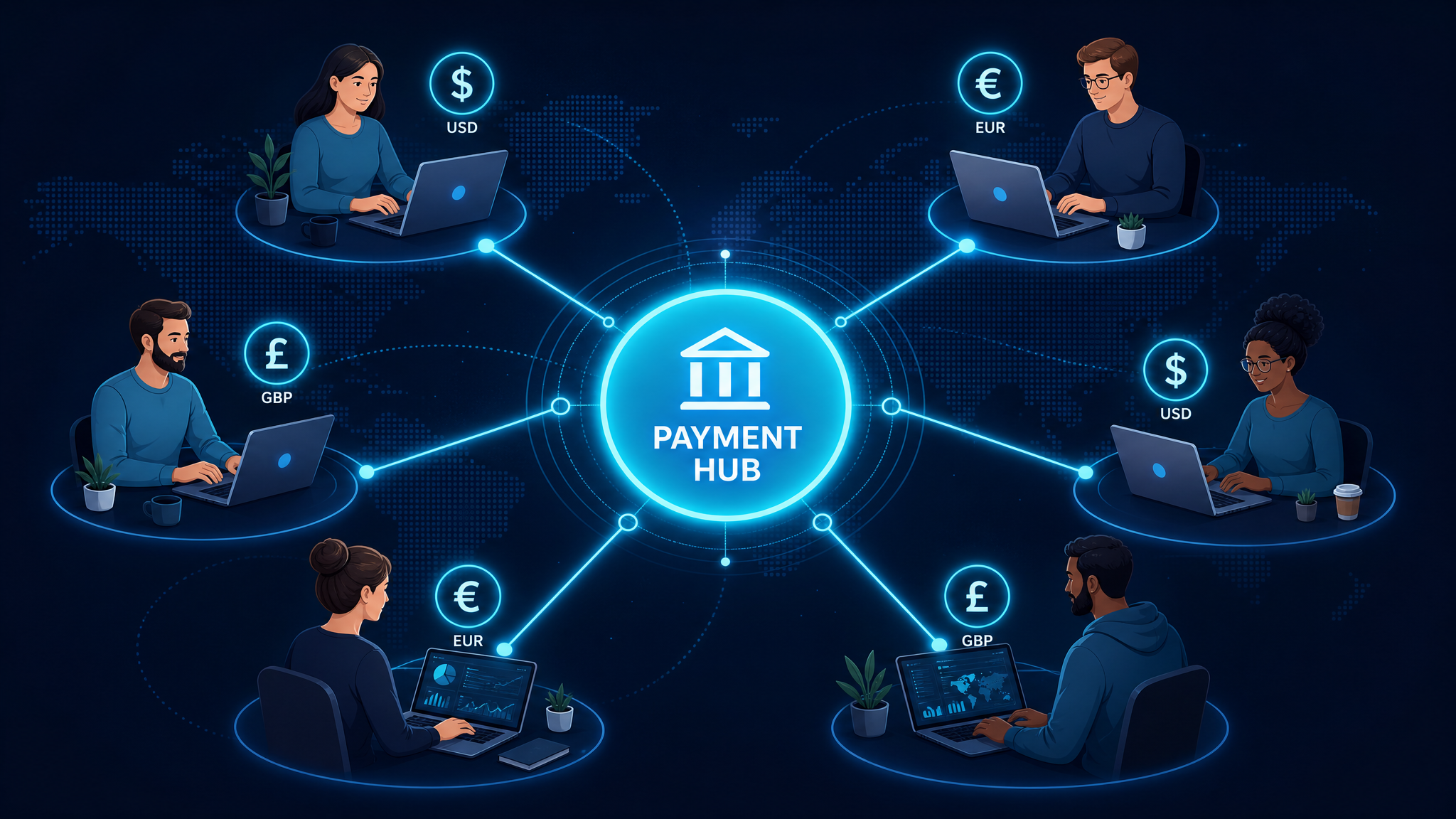 Distributed remote team connected to a central payment hub paying workers worldwide