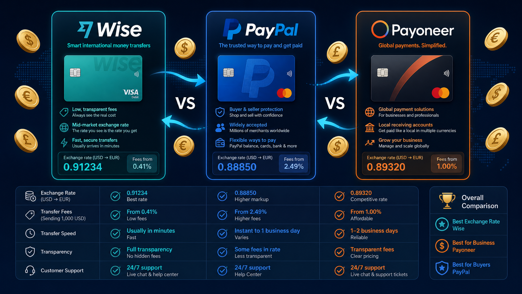 Comparison of Wise, PayPal and Payoneer payment services for paying freelancers